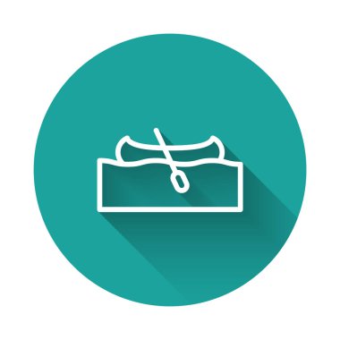 Beyaz çizgi kano ve kürek ikonu uzun gölgeli izole edilmiş. Balıkçılık ve turizm için kano. Açık hava aktiviteleri. Yeşil daire düğmesi. Vektör.