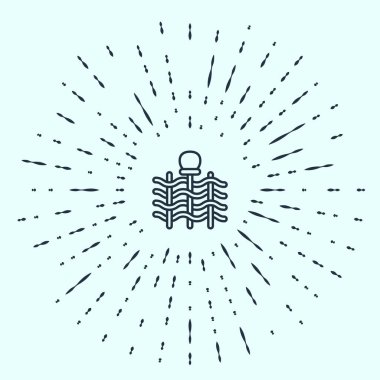 Gri arka planda eski kil kavanozları simgesi olan ince çubuklardan oluşan siyah çizgili Wicker çiti. Soyut çember rastgele noktalar. Vektör.