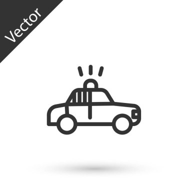 Gri çizgili polis arabası ve polis teşhircisi beyaz arka planda izole edilmiş. Acil durum sireni. Vektör.