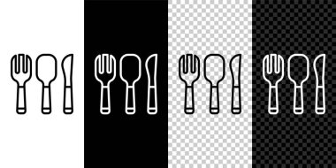 Çizgi çizgisi çatal, kaşık ve bıçak ikonu siyah beyaz, şeffaf arkaplanda izole edilmiş. Mutfak aletleri. Çatal bıçak seti. Vektör