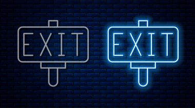 Parlayan neon hattı yangın çıkış ikonu tuğla duvar arka planında izole edildi. Acil durum ikonunu ateşle. Vektör