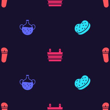 Banyo süngeri, temel yağ şişesi, sauna kovası ve terlikleri pürüzsüz desende ayarla. Vektör