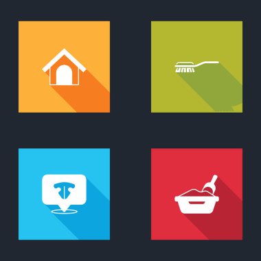 Köpek evi, kedi ve köpek için saç fırçası, kedi burnu ve kürek ikonlu çöp tepsisi. Vektör