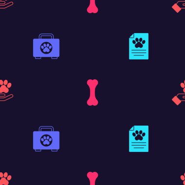 Klinik kayıt cihazını, evcil hayvan ilk yardım çantasını, köpek kemiğini ve ellerini kusursuz bir şekilde hayvan ayak izine göre ayarla. Vektör