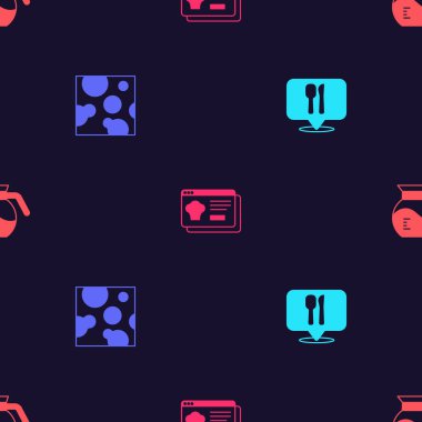 Kafe ve restoranın yerini ayarla, Peynir, İnternetten sipariş ver ve kahve demliğini kusursuz düzenle. Vektör