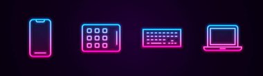 Satır Akıllı Telefon, Grafik Tableti, Klavye ve Laptop 'u ayarla. Parlayan neon ikonu. Vektör