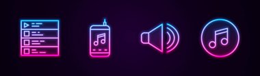 Satır Müzik Listesi, Oyuncu, Hoparlör Sesi ve Nota, Ton. Parlayan neon ikonu. Vektör