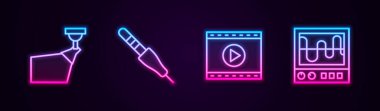 Online Movie spot, Audio jack, Online play video ve Oscilloscope 'u ayarla. Parlayan neon ikonu. Vektör