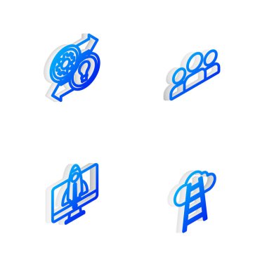 Isometric line Kullanıcı Grubu, İnsan Kaynakları, Başlangıç projesi konsepti ve bitiş bayrağı simgesiyle merdiven ayarlayın. Vektör