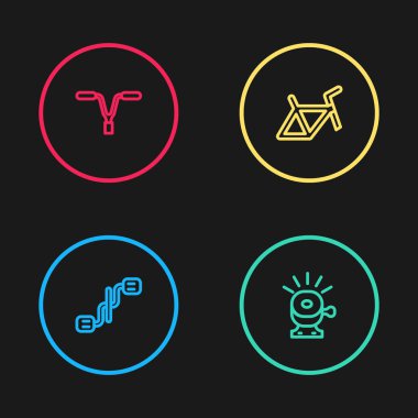 Hat çizgisi bisiklet pedalları, zil, çerçeve ve gidon simgesini ayarlayın. Vektör