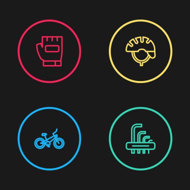 Bisiklet, allen anahtarlar, kask ve eldiven simgesini ayarla. Vektör