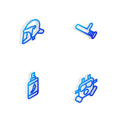 Isometric hattı polis lastik copu, kask, biber gazı ve gaz maskesi ikonunu ayarla. Vektör