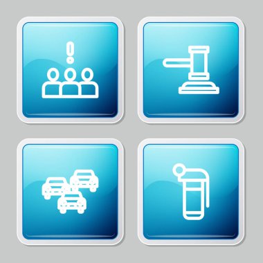 Kalabalık protestosu, yargıç tokmağı, trafik sıkışıklığı ve el bombası ikonu. Vektör