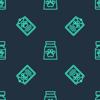 Evcil hayvan, klinik kayıtları, ilaç şişesi ve kusursuz desenli haplar için yiyecek torbası hazırlayın. Vektör