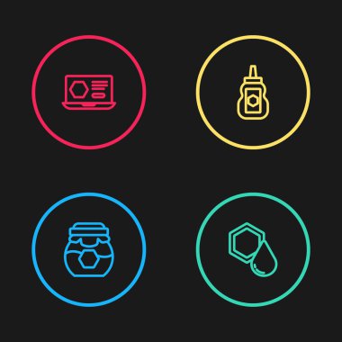 Bal kavanozu, bal peteği ve çevrimiçi servis simgesini ayarla. Vektör