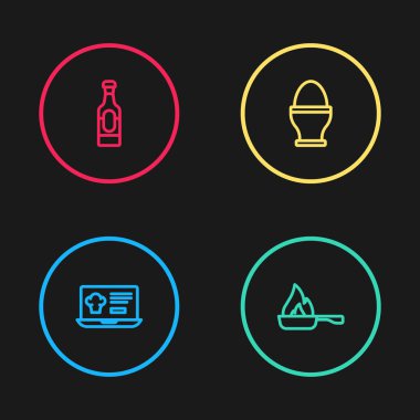 İnternetten sipariş ve teslimat, kızartma tavası, tavuk yumurtası ve şarap şişesi ikonu. Vektör