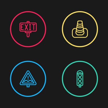 Hat açılmamış yol işareti, trafik ışığı, koni ve yangın çıkış ikonu. Vektör