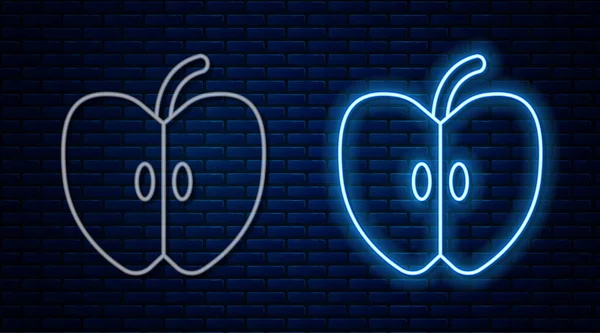 レンガの壁の背景に隔離されたネオンラインアップルのアイコンを光る 葉のシンボルを持つ果物 ベクトル — ストックベクタ