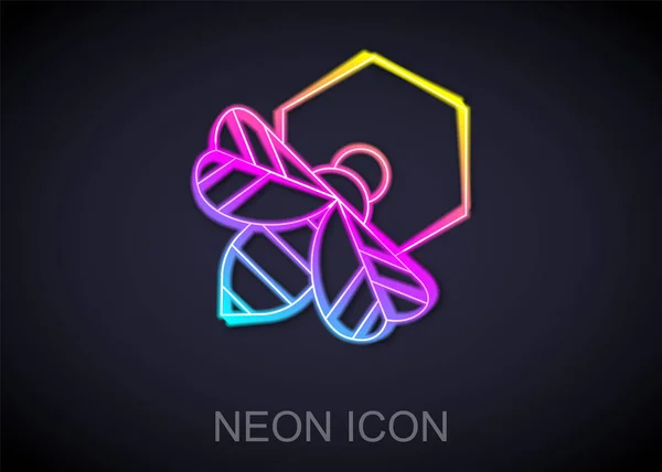 Ragyogó Neon Vonal Bee Méhsejt Ikon Elszigetelt Fekete Háttérrel Mézsejtek — Stock Vector