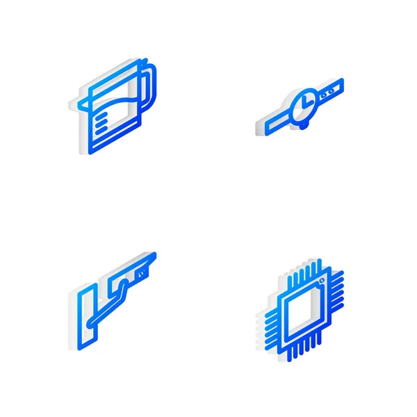 Set Isometric Line Náramkové Hodinky Rychlovarná Konvice Bezpečnostní Kamera Procesor — Stockový vektor