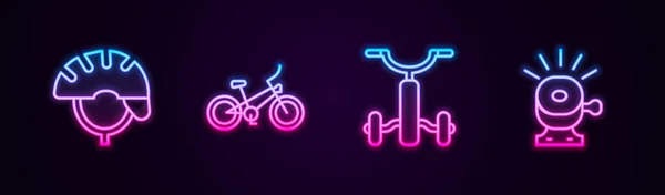 Set Line Fahrradhelm Für Kinder Und Klingel Leuchtende Leuchtschrift Vektor — Stockvektor