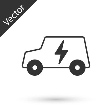 Gri elektrikli araba ve elektrik kablosu şarj ikonu beyaz arka planda izole edildi. Yenilenebilir ekolojik teknolojiler. Vektör
