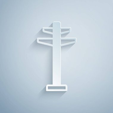 Kağıt kesiği, gri arka planda izole edilmiş bir elektrik hattı simgesini desteklemek için kullanılan elektrik kulesi. Yüksek voltajlı elektrik direği hattı. Kağıt sanatı tarzı. Vektör