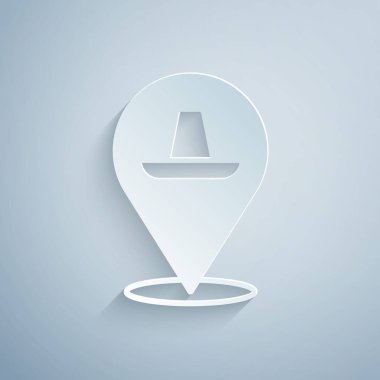 Kağıt kesiği geleneksel Meksika sombrero şapka ikonu gri arka planda izole. Kağıt sanatı tarzı. Vektör