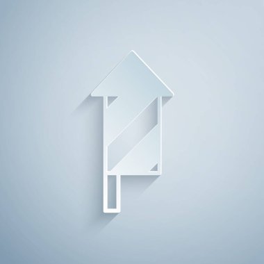 Kağıt kesiği, gri arka planda izole edilmiş havai fişek ikonu. Eğlence partisi anlayışı. Patlayıcı havai fişek sembolü. Kağıt sanatı tarzı. Vektör