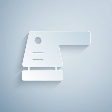 Kağıt kesiği, gri arkaplanda izole edilmiş elektrikli zımpara ikonu. Yörünge zımpara makinesi. Zemin ve ahşap zımpara kağıdı için. Kağıt sanatı tarzı. Vektör