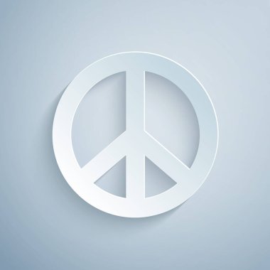 Kağıt kesiği, gri arka planda izole edilmiş barış simgesi. Hippi barış sembolü. Kağıt sanatı tarzı. Vektör