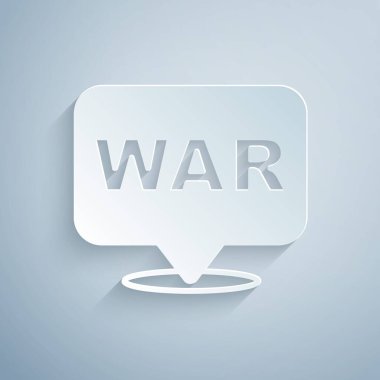 Kağıt kesiği. Gri arka planda izole edilmiş savaş ikonu kelimesi. Uluslararası askeri çatışma. Ordu. Silahlar. Nükleer silah. Metin için şablon. Kağıt sanatı tarzı. Vektör