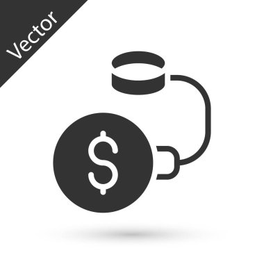 Dolar madeni para ikonuna zincirlenmiş gri borç topu beyaz arka planda izole edilmiş. Zincirler ve parayla yüklü bir borç yükü. Mali suç, ücret, kriz. Vektör
