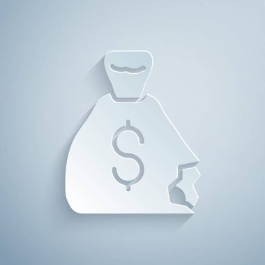 Kağıt kesiği Para Çantası simgesi gri arkaplanda izole edildi. Dolar ya da USD sembolü. Nakit bankacılık tabelası. Kağıt sanatı tarzı. Vektör