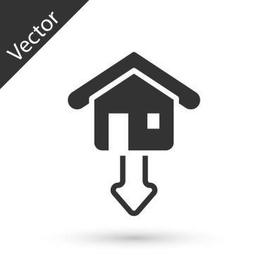 Gri mülk ve konut piyasası çöküşü simgesi beyaz arka planda izole edildi. Düşen emlak fiyatları. Gayrimenkul hisse senedi riski veya ekonomik durgunluk. Vektör