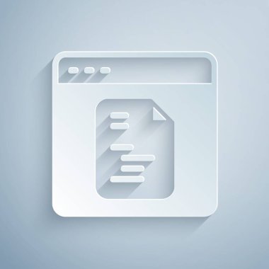 Kağıt kesim Yazılım, web geliştirici programlama kodu simgesi gri arkaplanda izole edildi. Program kodunun rastgele bilgisayar betiği parçalarını Javascript et. Kağıt sanatı tarzı. Vektör