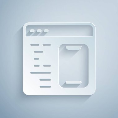 Kağıt kesim Yazılım, web geliştirici programlama kodu simgesi gri arkaplanda izole edildi. Program kodunun rastgele bilgisayar betiği parçalarını Javascript et. Kağıt sanatı tarzı. Vektör