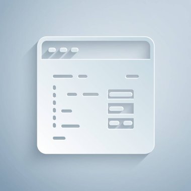 Kağıt kesim Yazılım, web geliştirici programlama kodu simgesi gri arkaplanda izole edildi. Program kodunun rastgele bilgisayar betiği parçalarını Javascript et. Kağıt sanatı tarzı. Vektör