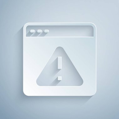 Kağıt kesiği Tarayıcı ile ünlem işareti simgesi gri arkaplanda izole edildi. Uyarı mesajı akıllı telefon uyarısı. Kağıt sanatı tarzı. Vektör