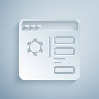 Kağıt kesme Tarayıcı ayarı simgesi gri arkaplanda izole edildi. Ayarlama, servis, bakım, onarım, onarım. Kağıt sanatı tarzı. Vektör
