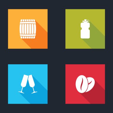 Tahta fıçı, su dolu spor şişesi, şampanya kadehleri ve kahve çekirdeği ikonu. Vektör.