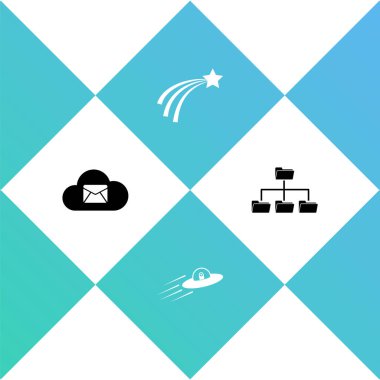 Bulut posta sunucusunu, UFO uçan uzay gemisini ve uzaylıyı, düşen yıldızı ve dizin ağaç simgesini ayarla. Vektör.