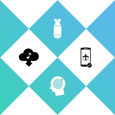 Bulut indirme müziğini, kafa avlama konseptini, havacılık bombasını ve uçuş modunu mobil simge olarak ayarla. Vektör.