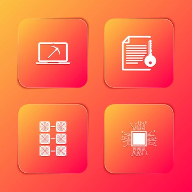 Dizüstü bilgisayar ve kazma, akıllı sözleşme, çiftlik ve işlemci simgesi ile madenciliği ayarlayın. Vektör.