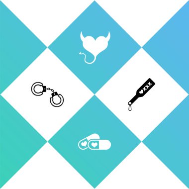 Seksi tüylü kelepçeler, iktidar hapları boynuzlu şeytan kalbi ve şaplak raket ikonu. Vektör.