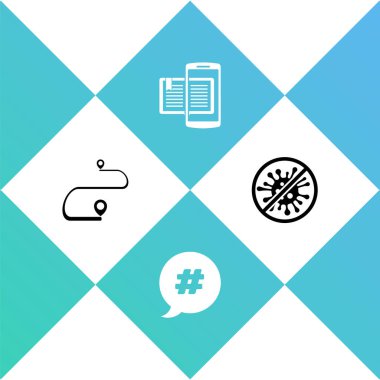 Rotayı ayarla, Hashtag konuşma balonu, akıllı telefon ve kitap ve dur virüsü, bakteri simgesi. Vektör.