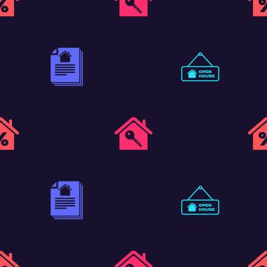 Ev satışı, kontrat, anahtar ve pürüzsüz şablon üzerine asma tabelası koyun. Vektör.