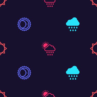 Bulut 'u yağmurla, Güneş tutulmasıyla ve Güneş' i pürüzsüz bir şablonla ayarla. Vektör.