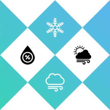 Su bırakma yüzdesini, rüzgarlı havayı, kar tanesi ve ikonu ayarla. Vektör.