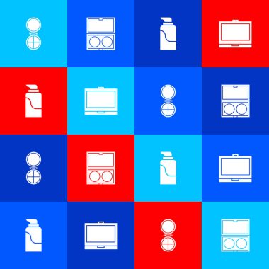 Makyaj tozunu aynayla, krem kozmetik tüpüyle ve ikonla ayarla. Vektör.